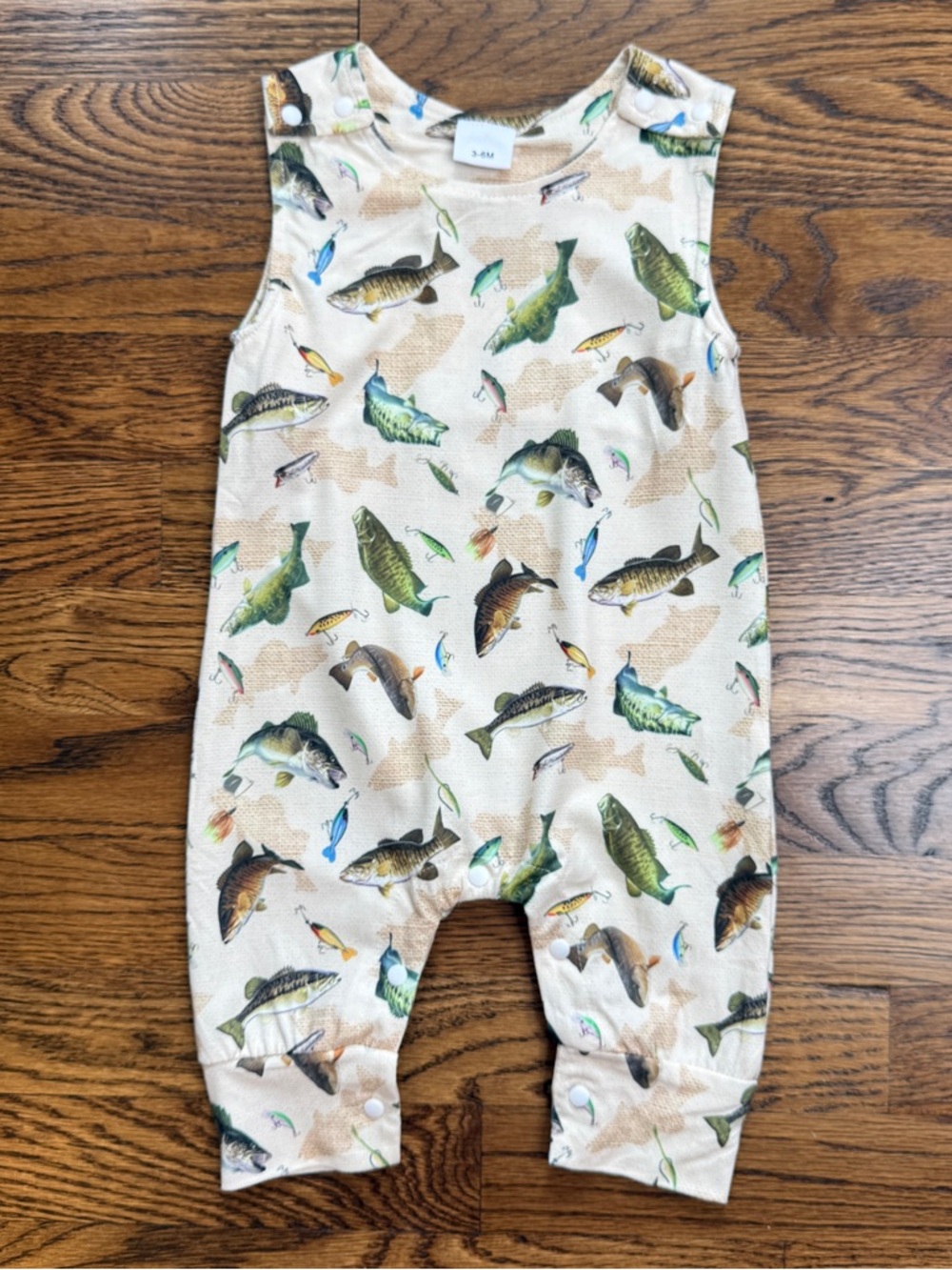 Baby Boy Khaki Fish Print Romper - Neutral Background Snap Closure 3-6 Months